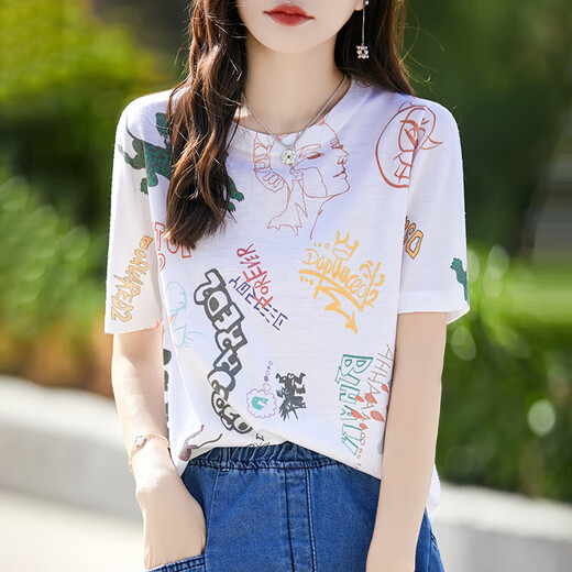 NICOLEJOLIE mulberry silk short-sleeved T-shirt for women 2025 summer new casual and fashionable design sense silk horse home printed top trendy portrait print 835 M