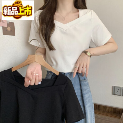 初径（CHUJING）短袖恤女2025新款甜辣胖大码女夏装宽松微胖正肩显瘦遮肚上衣 白色 829-方领弧形下摆 【版】 M 适合80-100斤
