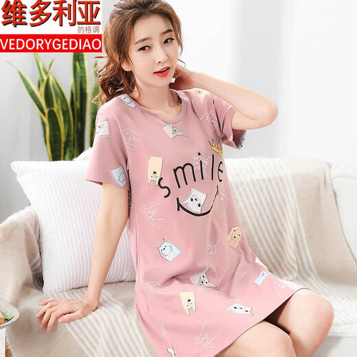 维多利亚的格调睡裙女士夏季纯棉薄款网红2025年新款短袖女款夏款过膝睡衣裙夏天 C1105 M 码（体重75-95斤b