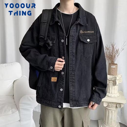YOOOURTHING Denim Jacket Jacket Men's Spring and Autumn New Street Top Korean Style Trendy Loose Casual and Versatile Clothes Black L Recommended 130-150Jin Jin is equal to 0.5 kg