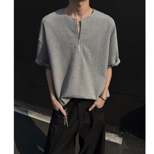 Kurz amerikanische Halbzipper Kurzärärmelte T-Shirt Herren 25 Sommer New High Street Trend Marke Waffle T-Shirt Lose halbärmelig oberste graue XL (125-145jin [Jin ist gleich 0,5 kg])