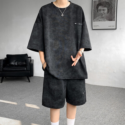 
Zhaixing Youth Summer Suit Men's Niche Design Tie Dyeing Clipart Sleeve T-shirt Shorts Fashion Cool Large Size Men's Clothing TZ757 Tie Dyeing White M (Suggested 95-110Jin[Jin equals 0.5 kg]b