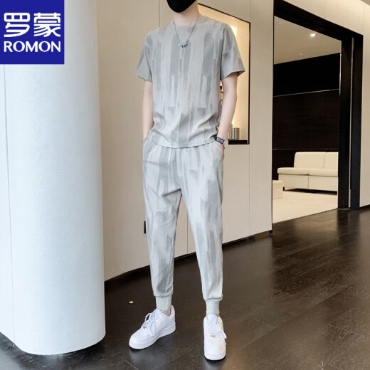 罗蒙（ROMON）套装男夏季冰丝短袖t恤男士潮流修身帅气九分长裤休闲运动两件套 白色719 M 建议85-105斤
