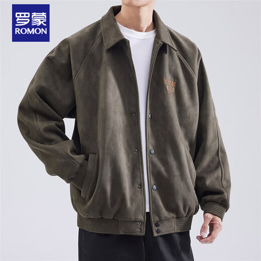 ROMON high-end lapel jacket men's autumn and winter new heavyweight imitation suede American retro casual cardigan jacket gray green L weight 120-140Jin Jin equals 0.5 kg