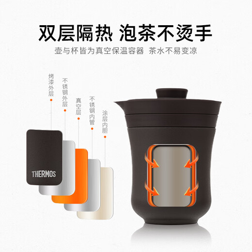 THERMOS Tea Travel Set Outdoor Camping Travel Tea Set Portable Office Insulated Teapot Tea Cup Gift TCMU-200LC Upgraded Coated Liner - Hot Selling Recommendation Matte Brown