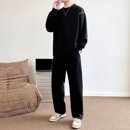 Woodpecker informal Sports Set Men's Spring y Autumn New Fashion Brand All-Match Lo suelto y sexy de manga larga Set de dos piezas Aptz9898 Black L
