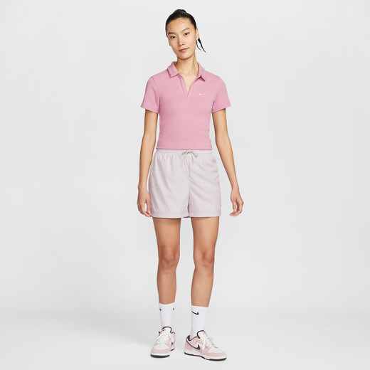 Nike (NIKE) women's short-sleeved lapel top autumn slim knitted embroidery soft comfortable simple DV7885 699 element pink/sail white S