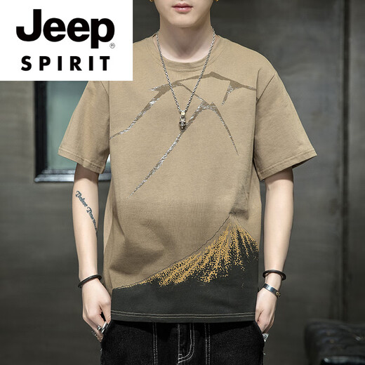 JEEP SPIRIT高档品牌短袖t恤男士纯棉衣服2025新款夏季时尚潮牌休闲体恤男装 829灰色 3XL 【161-170斤】