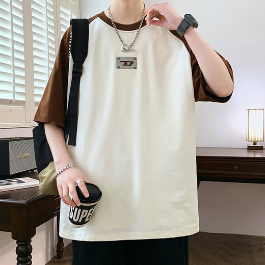 龙桃子插肩袖t恤男夏季美式潮流撞色圆领套头衫男生青少年设计感体恤衫T 1105白色 M 约85~105斤可穿