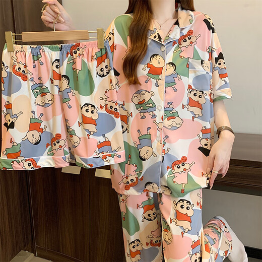 三件套睡衣女可爱蜡笔小新夏季短袖开衫学生宿舍可外穿卡通家居服 套KK14135 XL 【建议115-130斤】