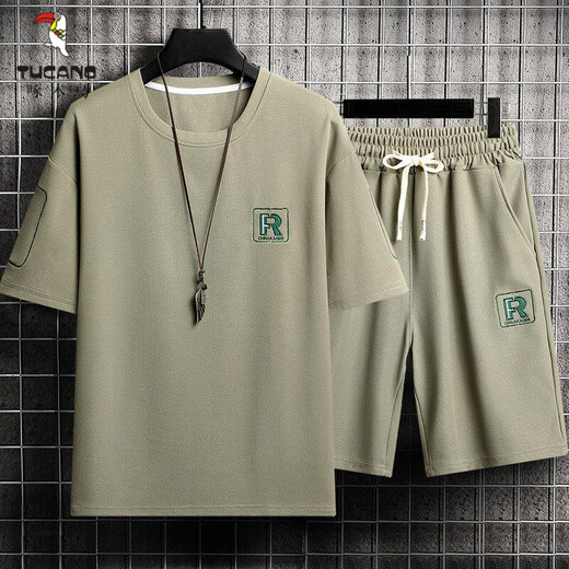 Woodpecker (Tucano) Sommer neuer kurzärmeliger T-Shirt-Herrenanzug für Teenager Runde Hals Sport lässig losen Erntehosen [Anzug] 829 Khaki M [Empfohlen 100-120 Jin [Jin gleich 0,5 kg]]]