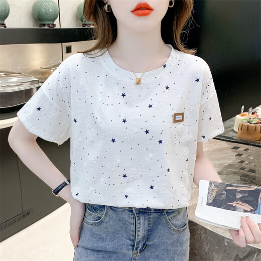 宾雍高质量棉质印花t恤女短袖夏装2025年新款宽松印花设计感百搭体恤 1396白色+327彩色字母 S 适合80-99斤