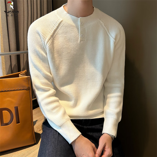 Woodpecker (TUCANO) 2024 spring, autumn and winter Korean version solid color casual thick sweater men's pullover jacquard thin strip Henry collar bottoming sweater S581 sweater white M