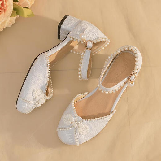 Chaomengcheng Hanfu Shoes Girls Chinese Style Sandals Summer Matching Skirt Horse Noodles Matching High Heels New Antique Children's Leather Shoes Beige Matches Hanfu Huge Good-looking Size 43