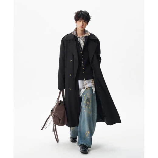 OEMG mid-length British fashion brand double-breasted over-the-knee windbreaker men's coat spring and autumn new retro suit collar coat black L recommended 100-110Jin Jin equals 0.5 kg