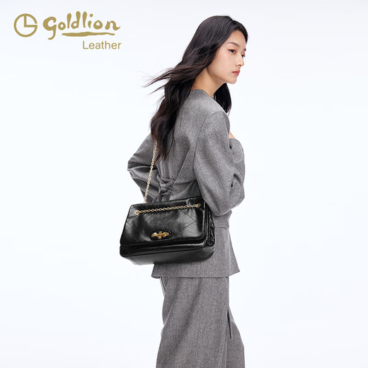 金利来（Goldlion）女包2025新款时尚轻奢质感大容量单肩包软皮牛皮潮流斜挎包 黑色