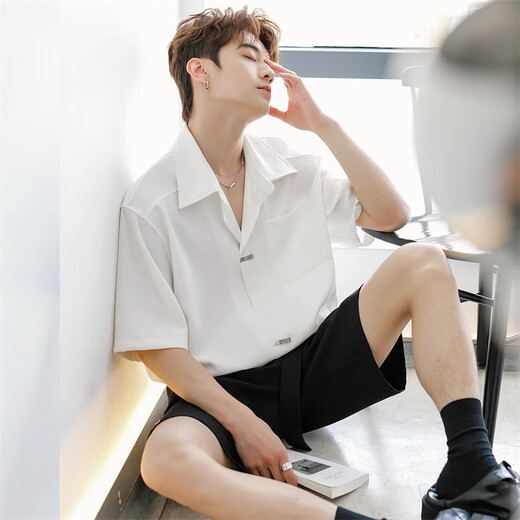 Poum Mode weißes weißes Kurzarmhemd Herren 2025 Sommer Neues lose trendy Hemd lässig halb Ärmel Top CSP-C983 Weiß 2xl (Empfohlen 150-170jin [Jin ist gleich 0,5 kg])