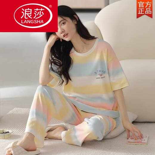 浪莎（LangSha）睡衣女夏季纯棉舒适短袖长裤2025新款夏天女款网红风家居服套装 NJR-9712 XL 【建议120-140斤穿】