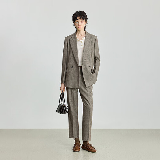 LILY2025 new winter women's wool blended old money style herringbone pattern commuter khaki suit jacket 717 Khaki M