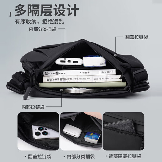 
JEEP Men's Crossbody Bag Large Capacity Magnetic Closure Function Shoulder Bag Commuting Portable Waist Bag Travel Bag Cycling Postman Bag Black [can hold 12.9-inch flat panel]