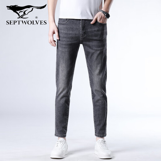 Sieben Wolf Hong Kong Sommer Rauch grau neun Punkte Jeans Männer schlanke Füße Hosen Elastizität Vielseitige 9-Punkte-Hose Casual Hosen Herren Stil 1049-R-Grey Gray 28