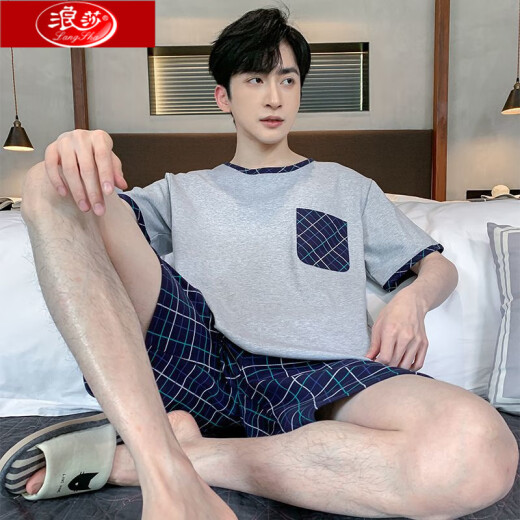 浪莎睡衣男夏季短袖短裤纯棉薄款套装大码宽松两件套男款家居服可外穿 HD9928D短袖套装 L 100-125斤
