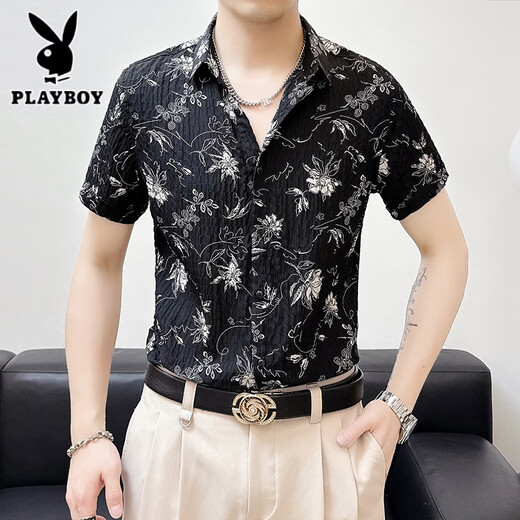 花花公子（PLAYBOY）冰丝修身短袖薄款碎花衬衫男士夏季休闲免烫垂感中袖衬衣时尚男装 BK679黑色 M