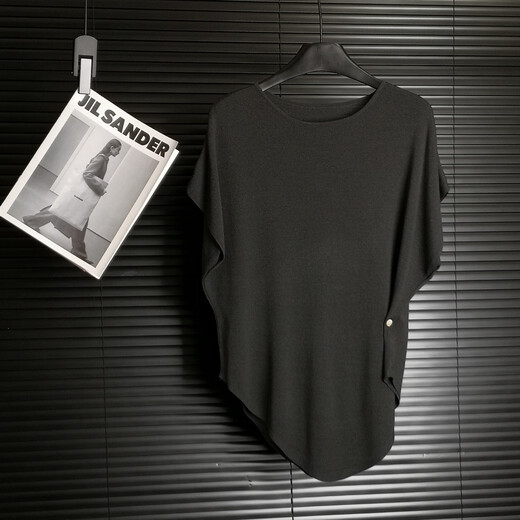 Yimuqi Lazy Style Bat Sleeve Waisted Ice Wire Sweater Women's Summer New Irregular Loose Short Sleeve Black 9221 One Size One Size