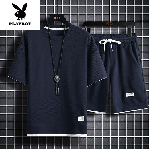 花花公子（PLAYBOY）高端重磅短袖T恤男夏季宽松大码运动短裤套装工作服圆领透气潮 829黑色【套装】 M 100-120斤