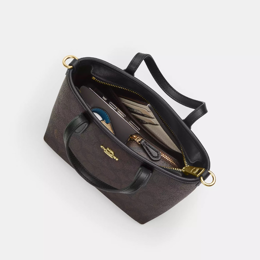 COACH Women's CITY15 Small Tote Bag Wide Shoulder Strap One-shoulder Crossbody Handbag Valentine's Day Gift for Girls Walnut Color with Black CW032IMXAQ