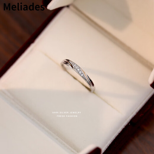 Meliades Love Together S999 Sterling Silver Ring Light Luxury Micro-Inlaid Zirconia Couple Ring Valentine's Day Ring Platinum Women's Ring/999 Opening Adjustable