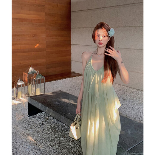 Let the mist suspender dress skirt for women summer 2025 new resort style wear seaside beach skirt long skirt pure desire French spring green texture design halter neck dress S recommended 80-90Jin Jin is equal to 0.5 kg