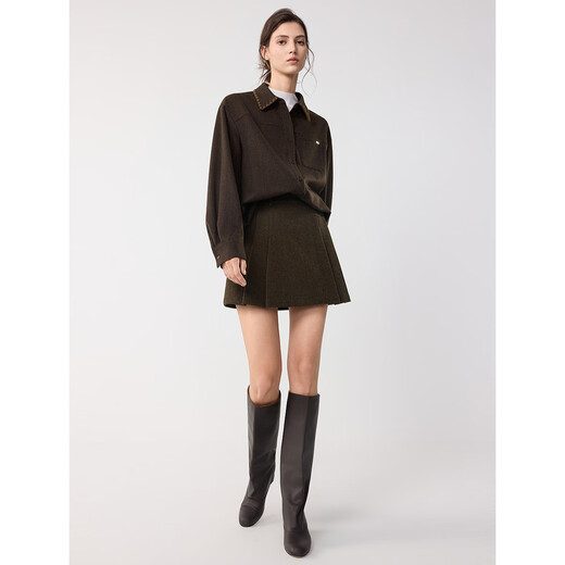 ELLE Retro Sheep Wool Embroidered Lapel Shirt Women's 2025 Winter New Design Loose Niche Shirt Brown S