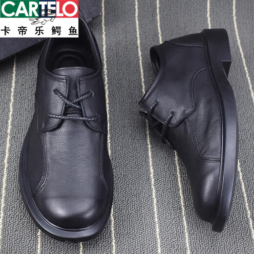CARTELO crocodile leather shoes for men in spring and autumn, versatile lace-up soft leather men's shoes, business casual trendy first-layer cowhide men's shoes, black shoes 40