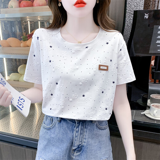 t恤女款2025年最新款棉印花短袖t恤女夏装2025新款宽松遮肚子设计 1396蓝色流星+8620爱心 S 适合80-99斤