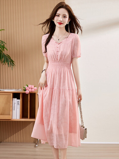 TJQ ​​​​Luxus-High-End-Markenkleid für Damen im neuen Sommerstil 2025, atemberaubender rosa bedruckter Taillen-Schlankheitsrock, cremefarbenes M empfohlen 105Jin Jin entspricht innerhalb von 0,5 kg