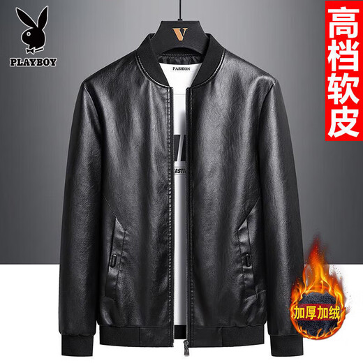 Playboy velvet leather men's jacket autumn and winter thickened soft leather jacket Haining style Korean version slim and warm casual thin style black without velvet XL 126-140Jin Jin equals 0.5 kg