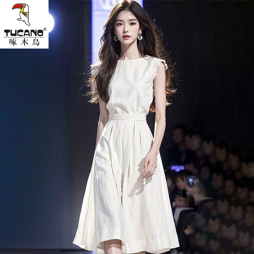 啄木鸟法式小香风白色收腰连衣裙新款高级减龄气质御姐无袖显瘦夏季裙子 白色 L 【建议110-125斤】