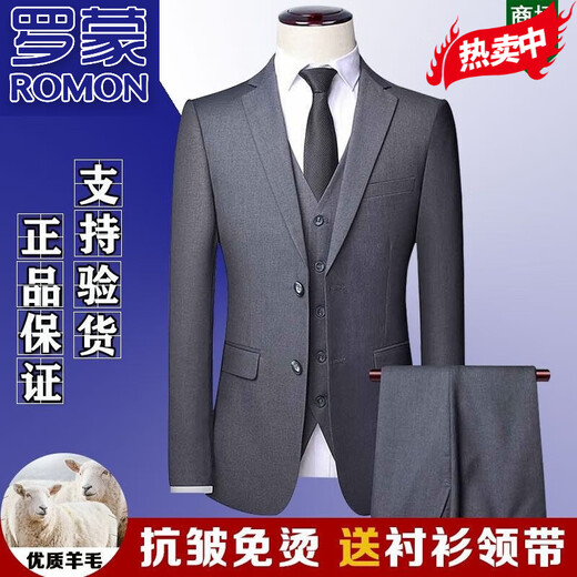 ROMON high-end wool suit suit for men, full set, no ironing, anti-wrinkle formal wear, business casual professional groom's suit three-piece set, navy blue clothes + pants S 46 size/165 Authenticity Guaranteed