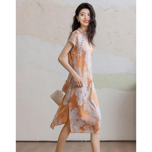 Demana [glossy satin jacquard] summer Chinese style new Chinese cheongsam skirt stand collar shoulder waist-hugging women's dress