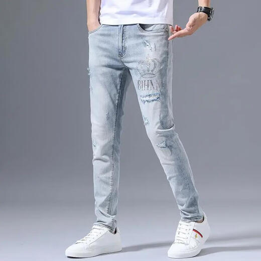 Jeans étirés haut de gamme d'automne Zhidoudou pour la marque de marque à la mode masculine à la mode à la mode mince des pieds minces couleurs légères bleu clair 3890 pantalon déchiré, taille moyenne 32 [suggéré 135-145jin [Jin est égal à 0,5 kg]]]