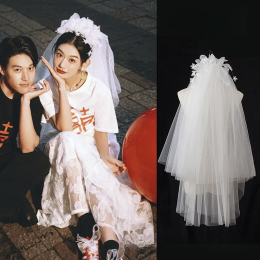 Zi Jiafu Veil Ceremony Bridal Main Wedding Dress Proposal Registration Flower Puff Veil Hong Kong Style Wedding Headwear Wedding Photo Props Qian Yuxian Fairy Veil Approximately 80cm Metal Hair Comb 60cm-80cm