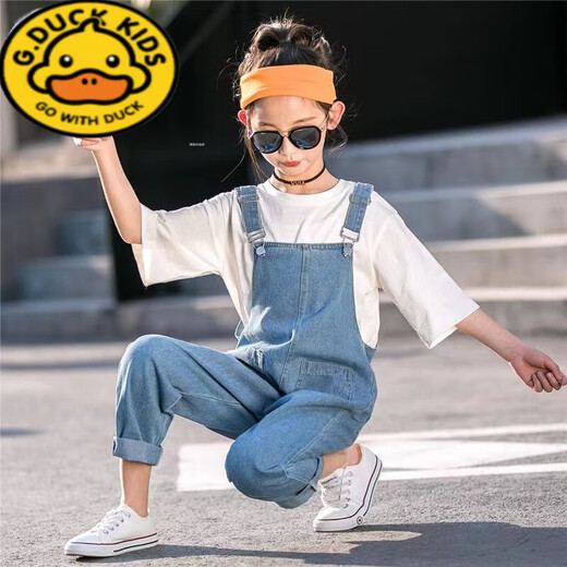 G.DUCKKIDS女童背带裤儿童春秋款牛仔裤女孩长裤韩版大童裤子外穿宝宝吊带裤 蓝色大兜背带裤(单裤) 150码建议身高1.4米左右穿