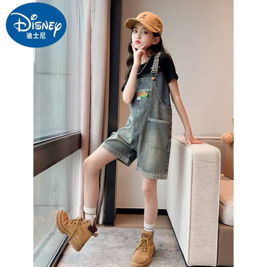 Disney Girls Summer Salt and Sweet Overalls Set 2025 New Internet celebrity children's summer wear Street Fried Pants Summer Short Sleeve + Overalls 170 cm