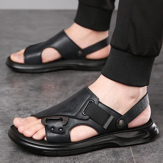 Spinnenprinzen Sandalen Herren 2025 Neue Sommer-Männerschuhe echte Leder lässig Outdoor Beachschuhe Nicht rutschende Dual-Purpose-Sandalen Lederschuhe 9923 Black 40