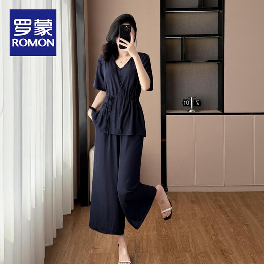 罗蒙（ROMON）宽松遮肉套装女夏款时尚减龄天丝短袖上衣+九分阔腿裤两件套 黑色两件套 2XL 【135-155斤】