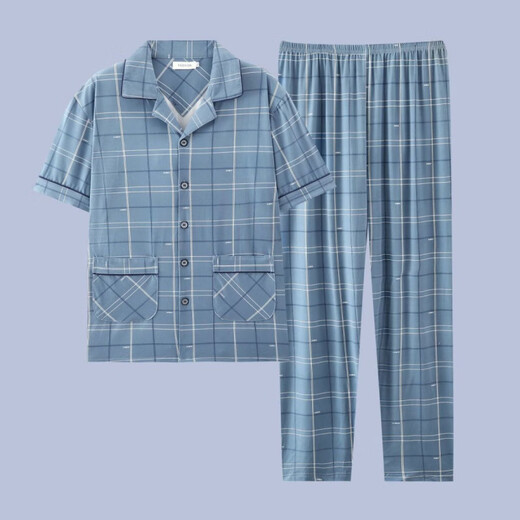 
Heyu men's pajamas men's short-sleeved summer thin cotton teenage pajamas men's plus size spring and summer home clothing set G3881 blue (short-sleeved) 175 L [recommended 100-120 Jin [Jin equals 0.5 kg]]