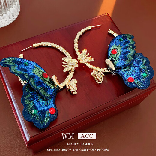 Silver Needle Fabric Butterfly Earrings New Chinese Style National Style High-end Hanfu Cheongsam Earrings Retro Fashion Niche Earrings Silver Needle-Blue Butterfly