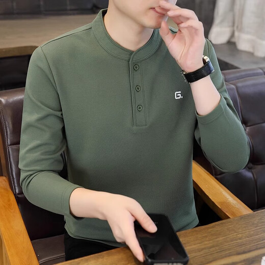 CKEY light luxury high-end stand-up collar long-sleeved t-shirt for men 2025 new trendy casual bottoming shirt thin Henry collar top for men t black brand straight hair L 110-120Jin Jin is equal to 0.5 kg
