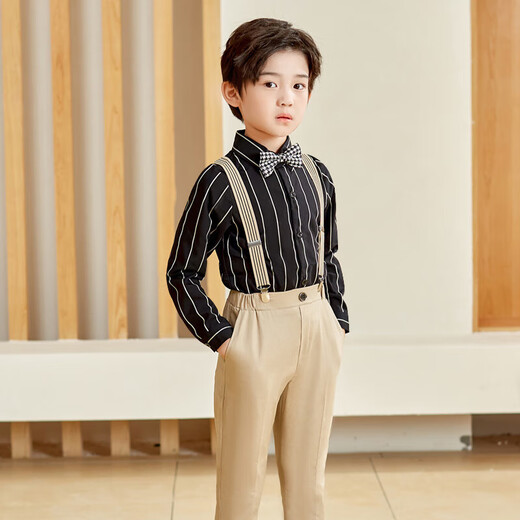 He Jiagong birthday children's suit suit little host flower girl boy British suit boy dress jacket piano white long sleeves black trousers striped suspenders bird plaid collar 110